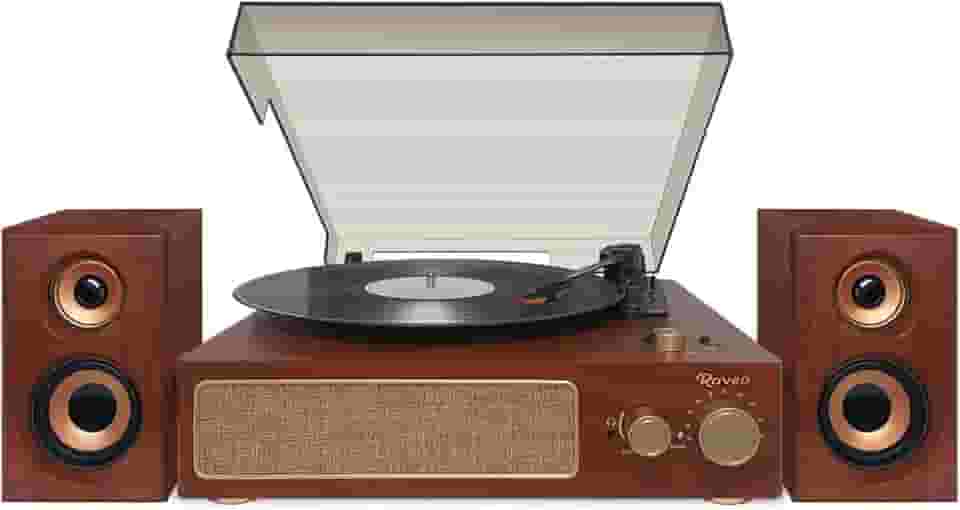Raveo Vitrola Studio Plus com Toca-discos, Rádio FM, USB, Saída de fone de ouvido, Bluetooth e Caixas acústicas., Cor: MARROM
