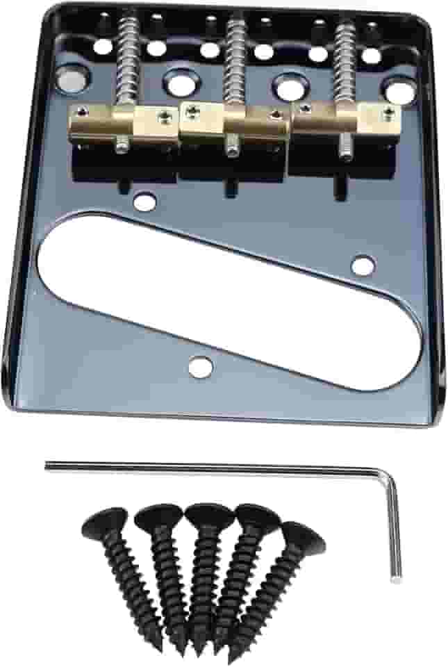 OVSAL Ponte de guitarra fixa vintage com placa de base de aço de 3 selas compensada de latão 10,8 mm compatível com peças de reposição para guitarra elétrica estilo Telecaster Tele vintage, preta