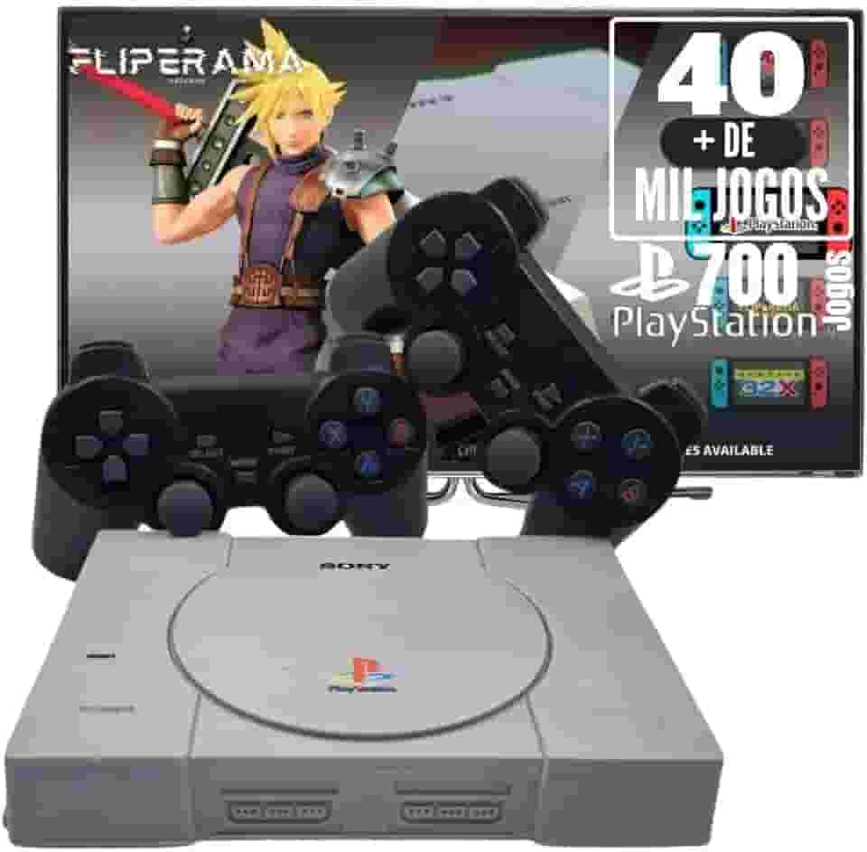 Console Retrô PSX com jogos na memória + 2 Controles diversos Games e Jogos com 700 Jogos PS1 - Black (Cinza)