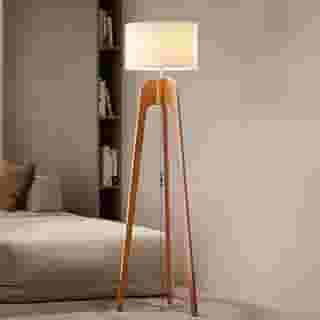 UNIDECOR CASA Luminária Abajur de Chão Tripé Tradicional Madeira Maciça Cúpula de Tecido Linho