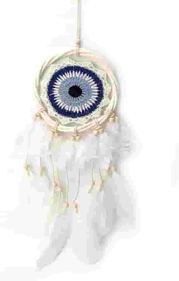 Genérico - Filtro dos Sonhos Olho Grego Redondo - Enfeite de Parede e Teto - Amuletos - Azul - Rústico - Pena Natural - Dia das Mães