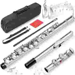 Kit Flauta Transversal Prateada Dó, 16 Furos C Flauta Chave Fechada, Instrumento de 16 Teclas para Iniciantes