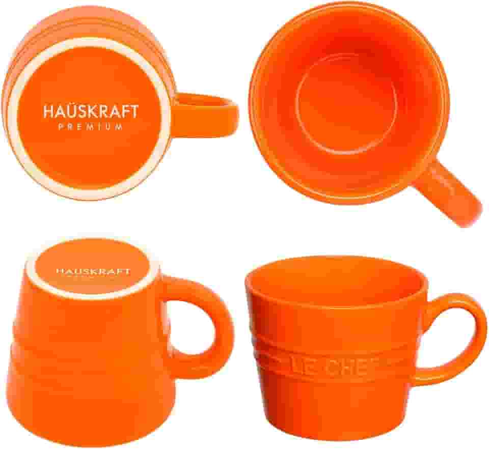 Caneca Le Chef em Cerâmica, 110ml, conjunto com 4, Ideal para Café e Espresso – Laranja