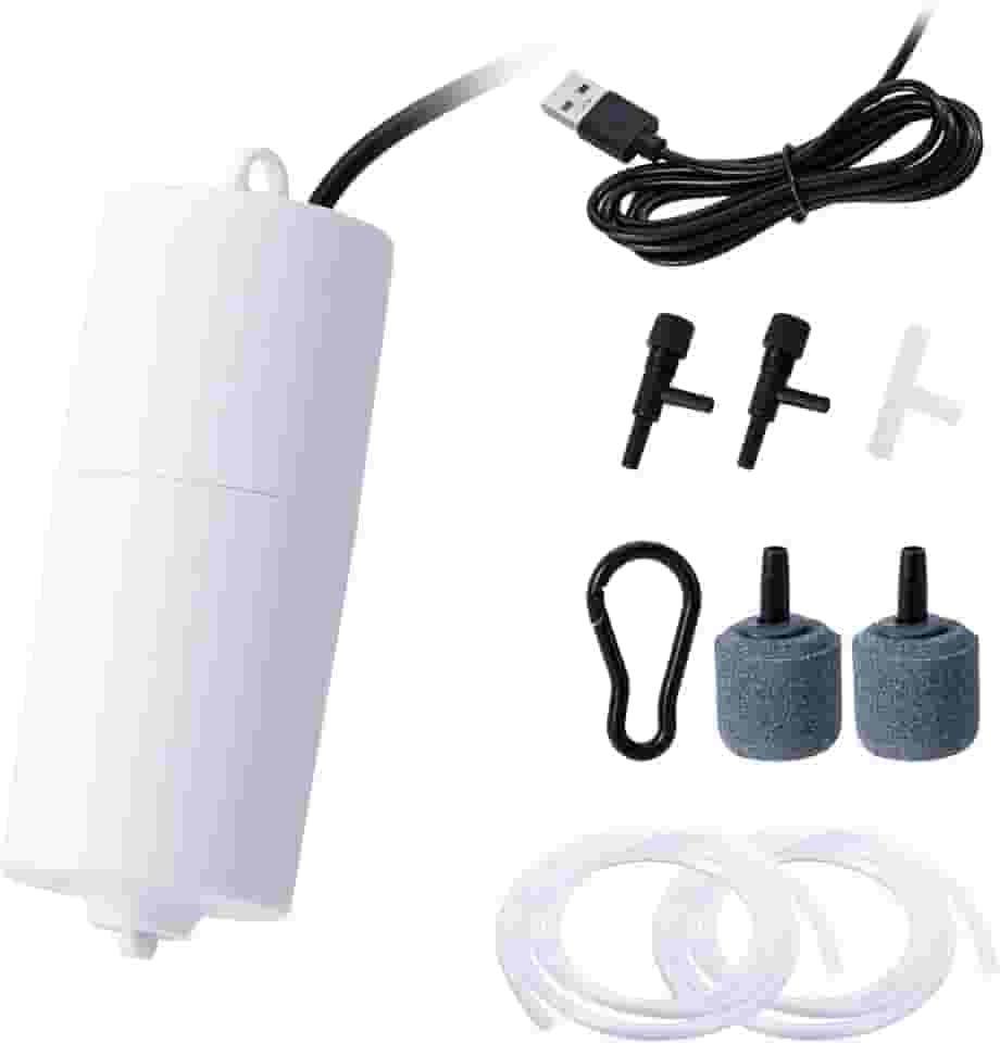 Gamdee Kit de bomba de ar USB para aquário, bomba de ar ultra silenciosa, mini borbulhador de aquário aerador portátil com pedra de ar e tubo de silicone