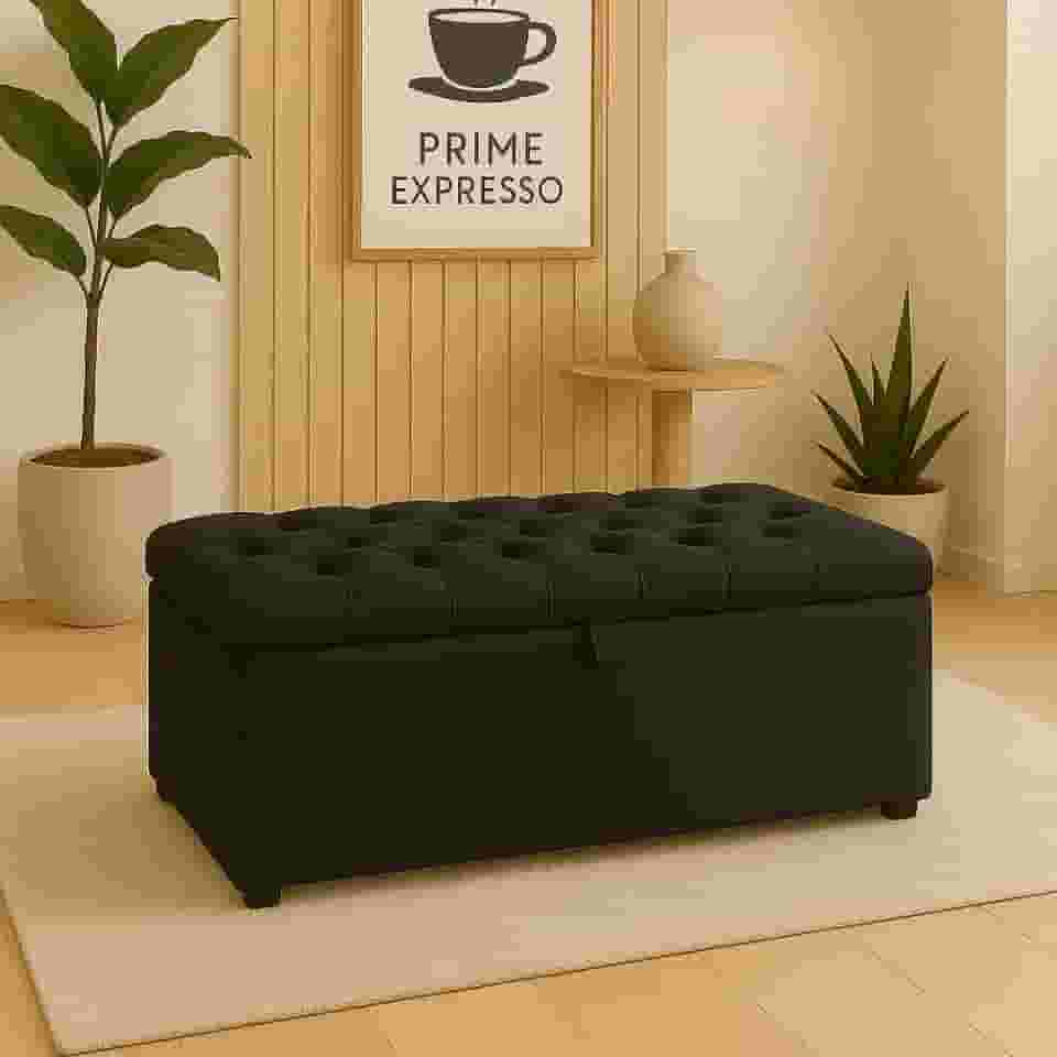 Puff Baú Pé De Cama 90 Cm Sued Capitone Armazenamento Quarto Decorativo Confortável(Preto,Tampa Capitonê 4 cm De Altura)