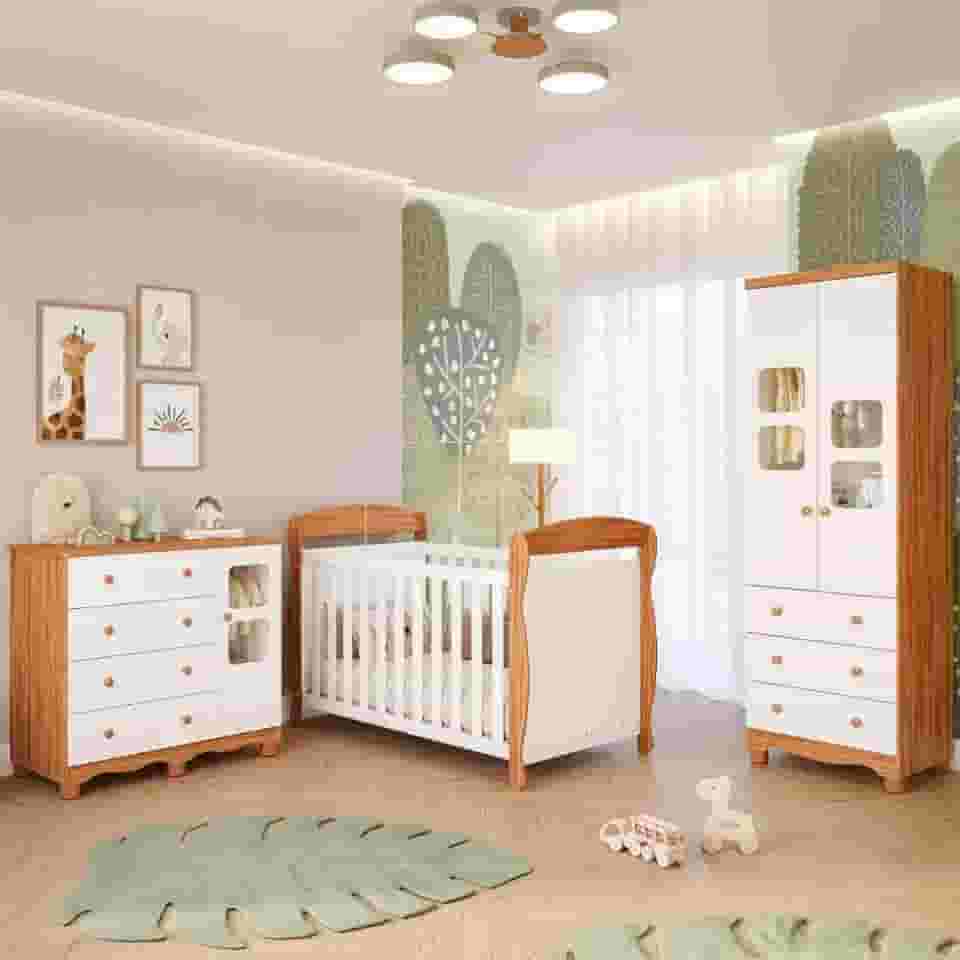 Quarto Bebê Completo Berço Americano Marquesa 3 em 1 Guarda Roupa 2 Portas Cômoda Uli 100% Mdf Móveis Peroba