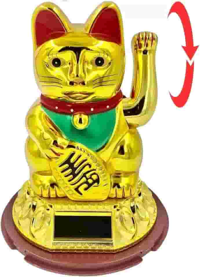 Gato da Sorte Dourado Maneki Neko Balança Mão Carrega Solar