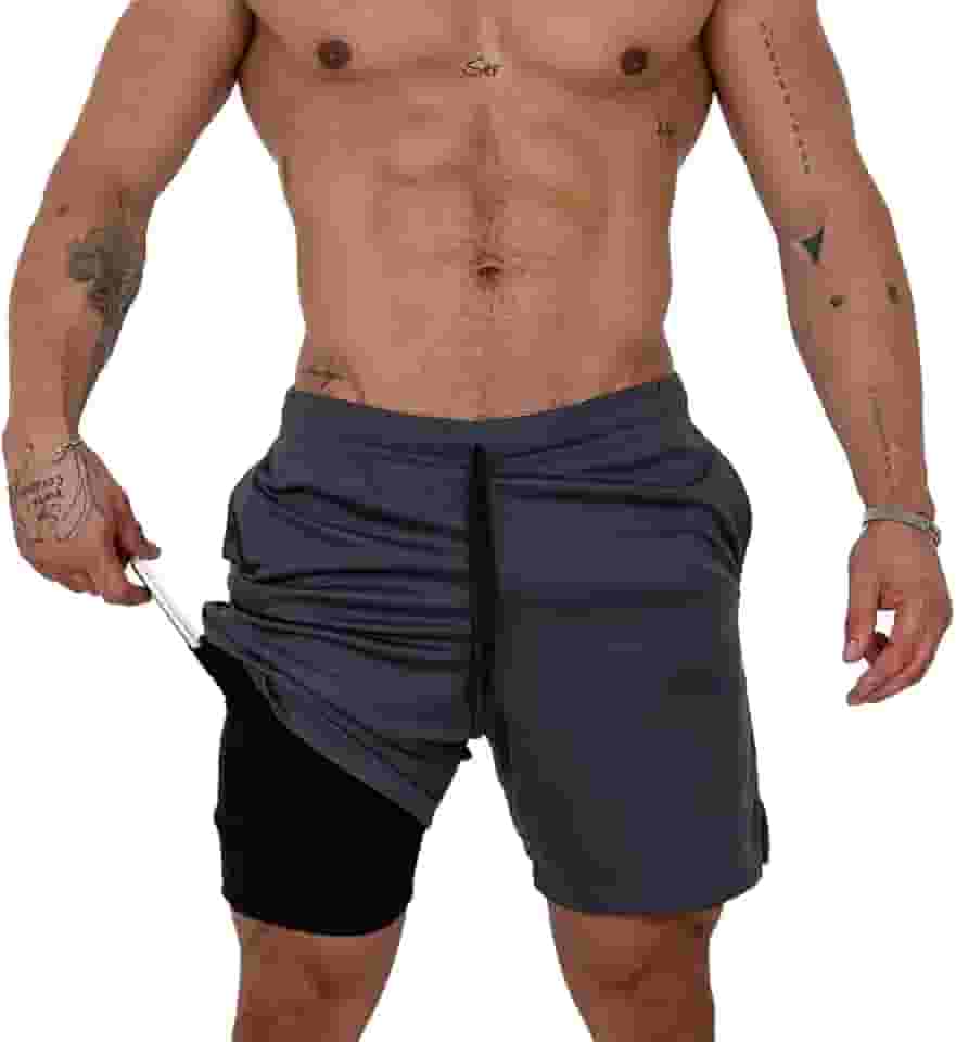Bermuda Masculina 2 em 1 Long Shorts Duplo Dry Fit Treino Calção com Bolso Celular Academia Fitness Musculação CLICK MAGAZINE