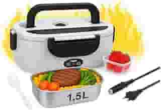 Marmita Elétrica Portátil Bivolt + Veicular 12V 24V 1,5L Aquecimento Rápido com 2 Compartimentos Vedação com Travas Antivazamento Peças Removíveis Laváveis para Carro Trabalho Casa (CINZA)