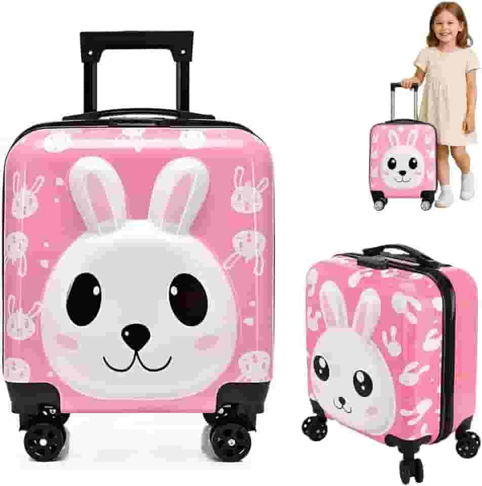 Mala Infantil de Viagem com Rodinhas 360°, Coelho Rosa, Material ABS Resistente