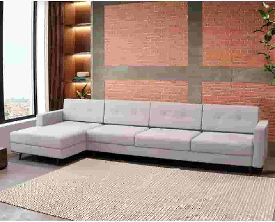Sofá 4 Lugares Living com Chaise Esquerdo Pé Palito Linho Cotton Cru