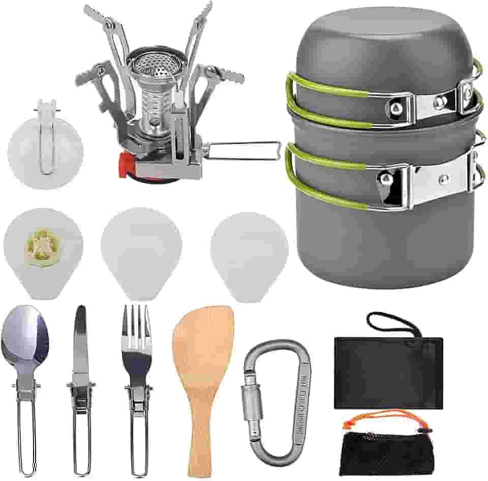 FINYQBET Conjunto de Panelas e Frigideiras de Acampamento - Kit de Cozinha Portátil com Utensílios Inoxidáveis, Bolsa de rede, Dobrável - Ideal para Camping, Caminhadas e Piqueniques (644g)