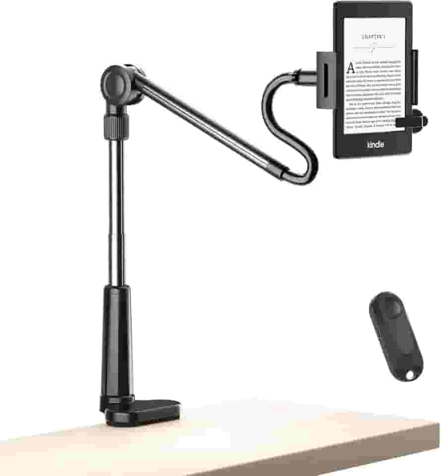 Suporte de tablet dobrável para leitura Kindle na cama com virador de página remoto, não rígido e fácil de ajustar, suporte de mesa flexível para tablet, acessórios para leitor digital para Kindle