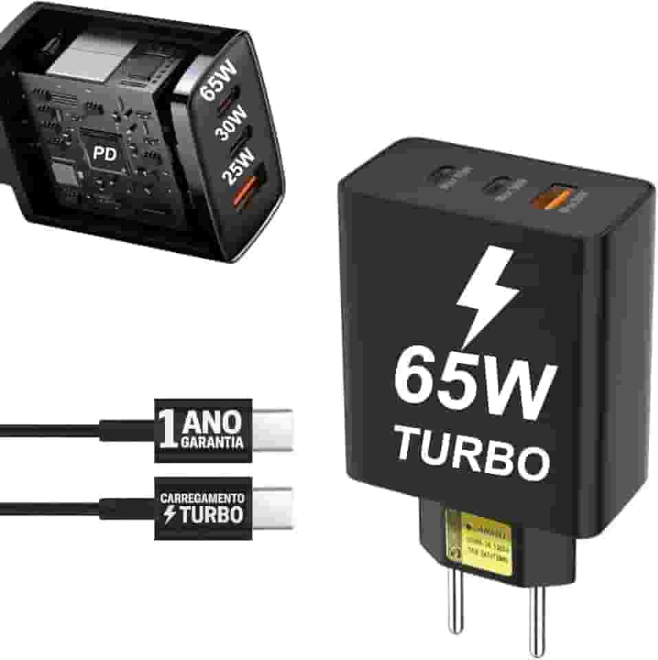 Carregador Super Turbo 65W 3 Entradas Compatível Com Samsung Galaxy Motorola Xioami iPhone 17 16 15 Pro Universal Moto G Edge S25 S24 Realme Celular Android iOS Tablets iPad USB Tipo C Rápido 10CLICK®