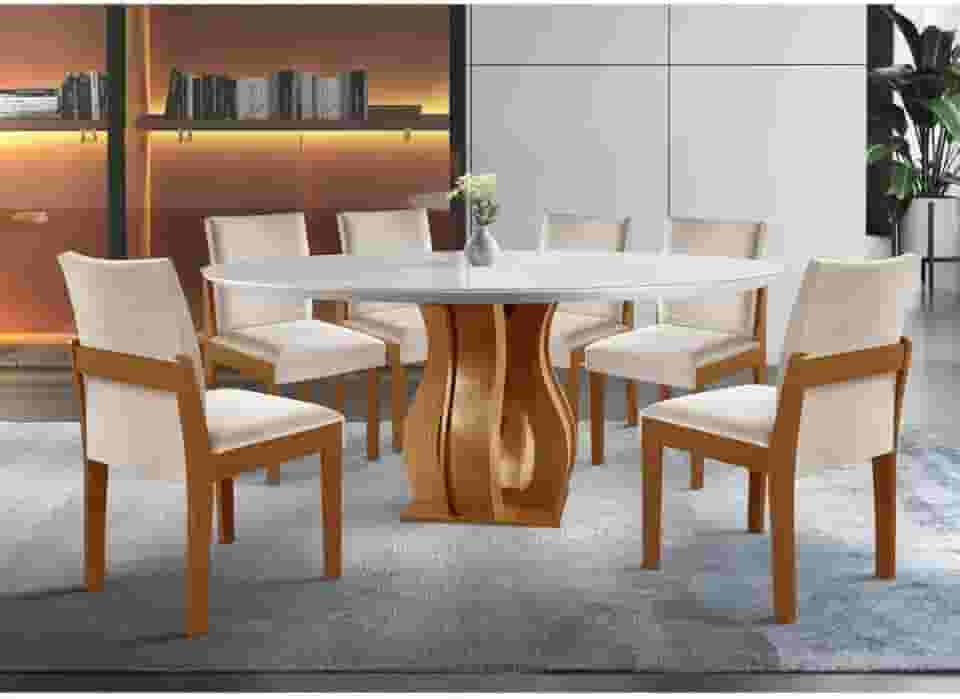 Conjunto Sala de Jantar Mesa Nuance 135cm Redonda Tampo Vidro/MDP com 6 Cadeiras Mônaco Castanho Cinamomo/Suedy Creme