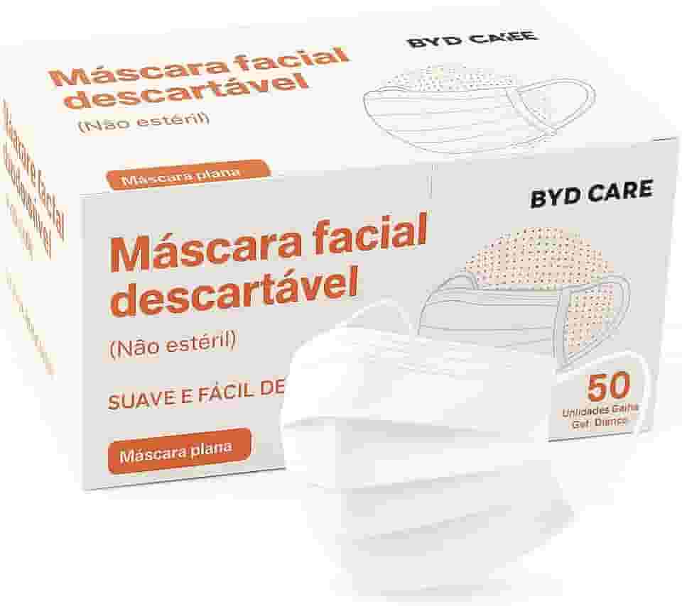 BYD Máscara Descartável Tripla Branca Proteção 50 Unidades