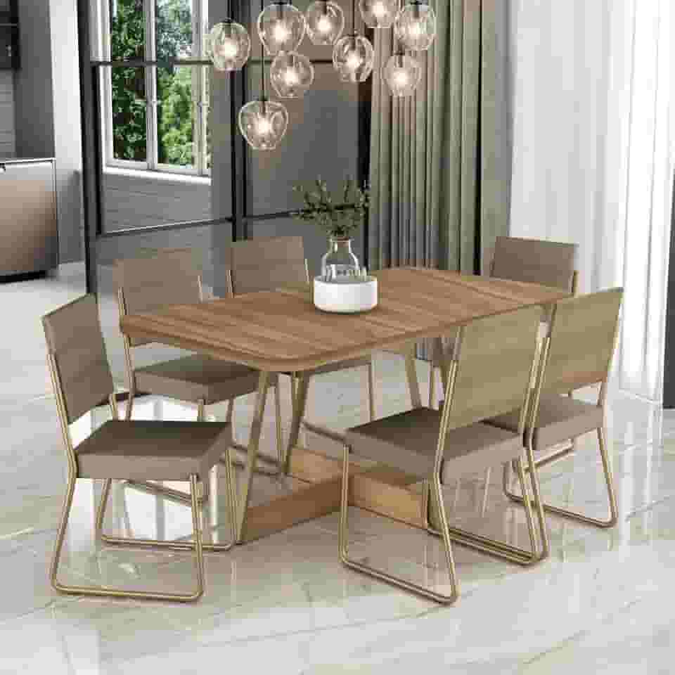 Conjunto Sala de Jantar 6 Cadeiras Charlotte Carraro Nogal (Dourado)