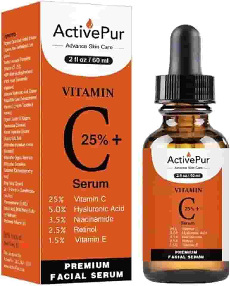 ActivePur 25% Melhor Soro de Vitamina C para o Rosto (60 ml) Vitamina E+B5 Soro de Ácido Hialurônico Face Retinol Ácido Ferúlico Niacinamida Colágeno Anti-Envelhecimento Olheiras Soro Facial Vitamina
