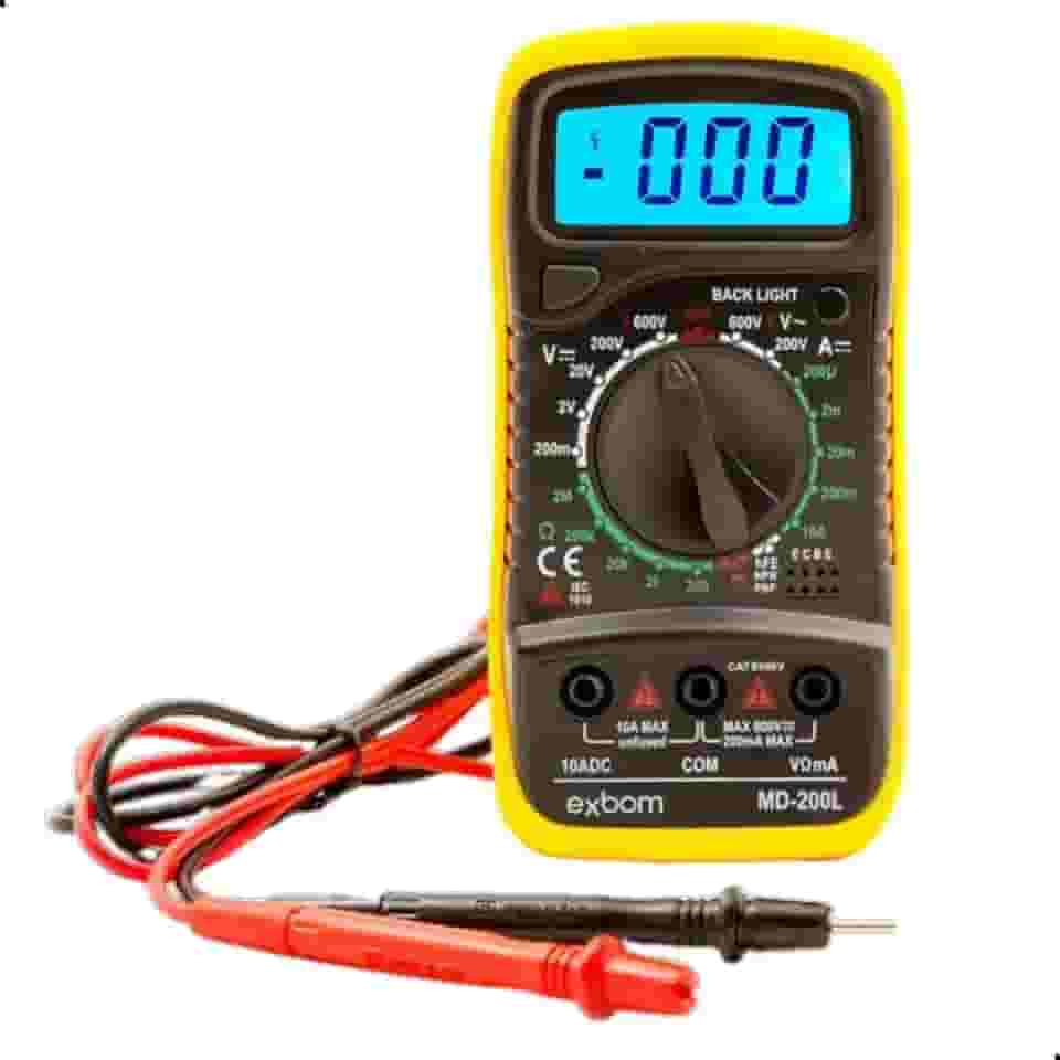 Multímetro Digital Profissional com Display Iluminado, Função HOLD, Mede AC/DC, hFE, Resistência e Continuidade – CAT II 1000V com Bateria Inclusa