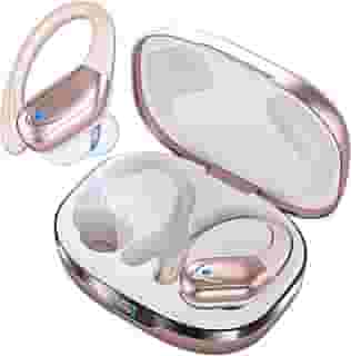 Fones de Ouvido Bluetooth Sem Fio, 80h de Bateria, Esportivos com Gancho, IPX5 à Prova d'Água, Graves Potentes, Cancelamento de Ruído, Compatível com iOS, Android e Bluetooth 5.3 (Ouro Rosa)