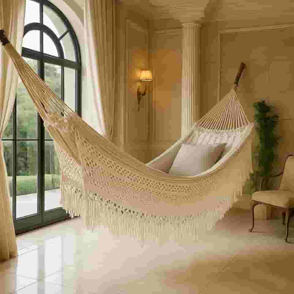 Rede de Descanso Bucho de Boi XGG, 4,5m, Suporta até 350kg, Algodão, com Franjas Decorativas (Branco)