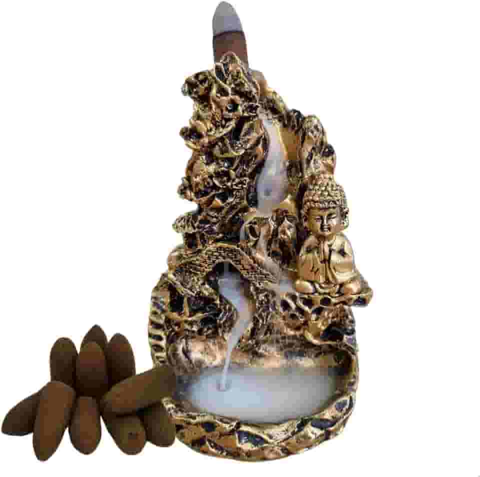 Incensário Cascata Cachoeira Montanha Buda Orando Refluxo Fumaça Invertida Backflow + 10 Cones