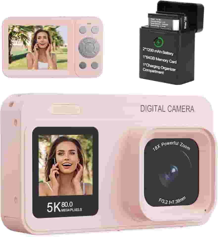 Câmera digital de tela dupla 5K atualizada, câmera fotográfica Vlog de 80 MP para YouTube, campus, viagens, câmera compacta de apontar e fotografar para adolescentes e iniciantes com foco automático