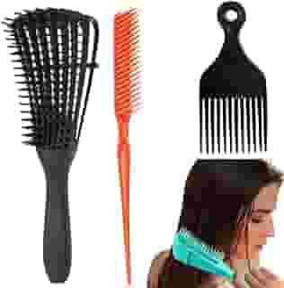 Kit Escova de Cabelo Cacheado Polvo + Pente 3 Fileiras para Fitagem Finalizações + Pente Garfo Cachos - RJI Utilidades