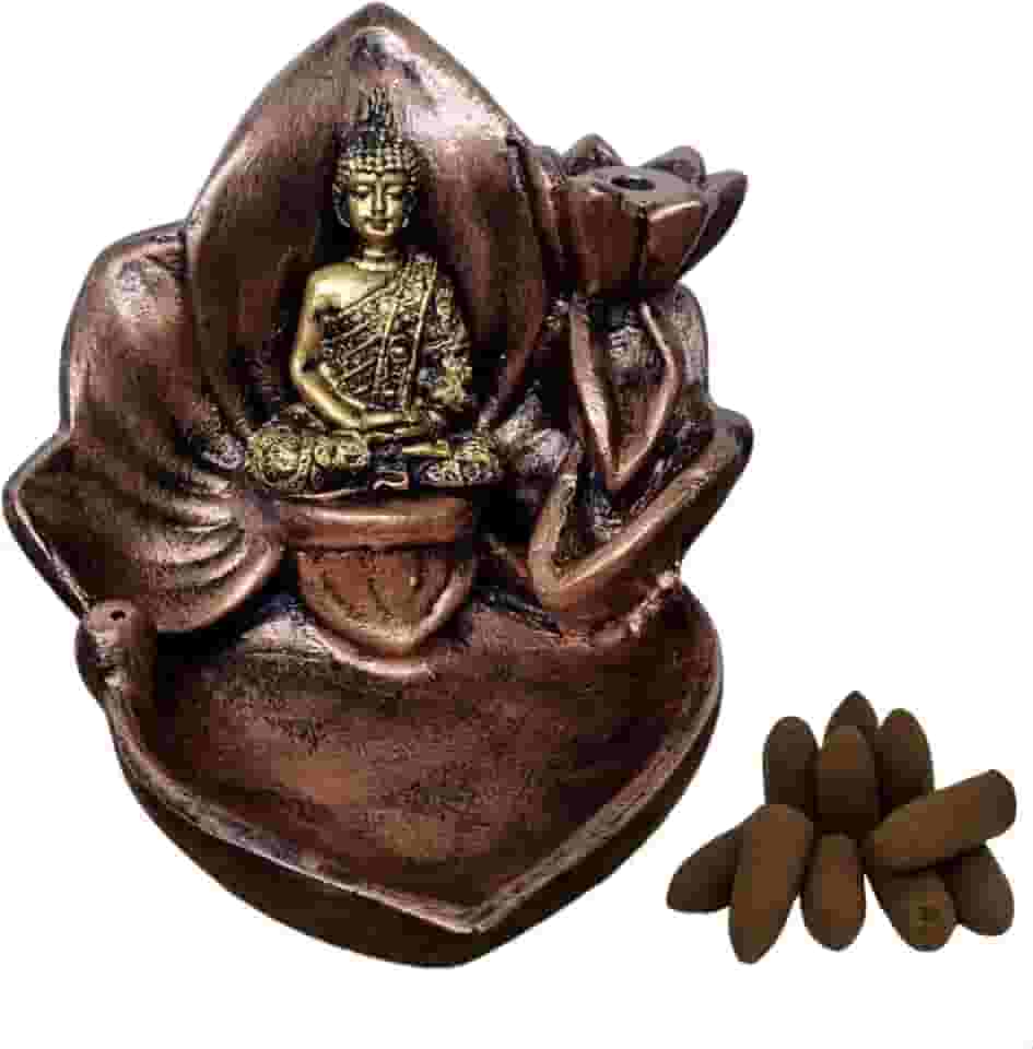 Incensario Cascata e Vareta 2 em 1 Backflow Buda na Flor de Lótus Fumaça Invertida + 10 Incensos cone