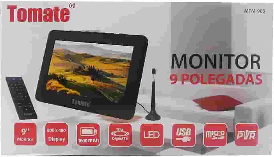TV Portatil Digital 9' Conversor Integrado Monitor com Controle Remoto USB LED PVR SD e Bateria Recarregavel Bivolt