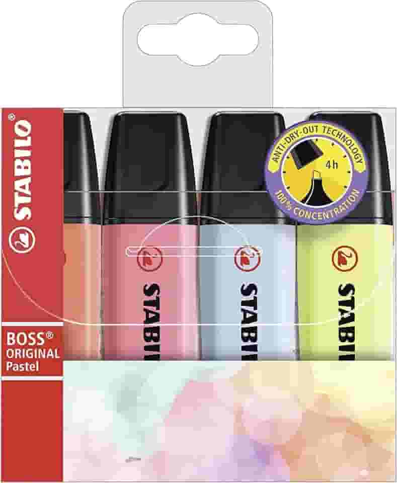 Marca Texto - STABILO BOSS ORIGINAL Pastel – Estojo com 4 unidades – Cores sortidas