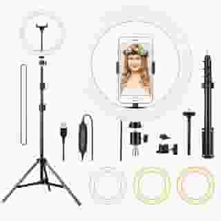 Ring Light 10'' Profissional 26cm Tripé 2,1m Anel de Luz LED 3 Cores Branca Quente Neutra Celular Bluetooth Maquiagem Live YouTube TikTok Vídeos Selfie Estúdio Fotografia Aula Online