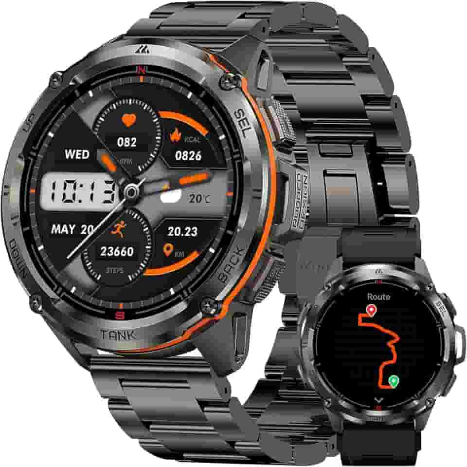 KOSPET Tank T3 Ultra Smartwatch, 50M à prova de água, GPS, bússola, pressão do ar, altitude, aço inoxidável completo, chamada Bluetooth, ecrã AMOLED sempre activo de 1,43'', voz AI Banda de Metal