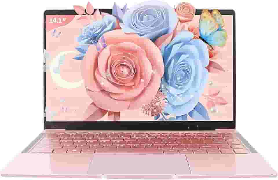 Svikou Laptop ouro rosa de 14 polegadas, Win 11 Pro (pré-instalado), processador Intel Quad-Core J4105, tela IPS FHD, 6GB RAM 512GB SSD, notebook ultraleve para viagens, aulas online, trabalho e