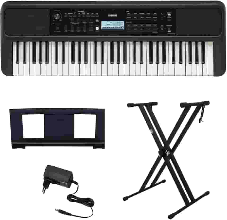 Kit Teclado Arranjador 61 Teclas PSR E383 com Fonte Bivolt e Suporte em X