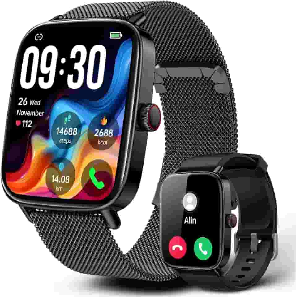 Smartwatch Relógio Inteligente, Tela HD de 1,85' Relógio Fitness, 120 Esportes, Frequência Cardíaca e Monitoramento do Sono, IP68 à rova d'água, Compatível com Android iOS, 2 Pulseiras (Preto)