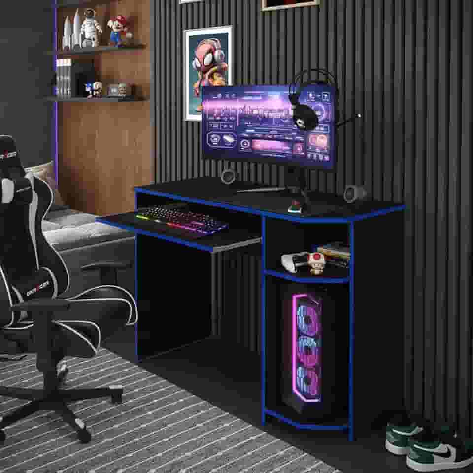 Mesa Gamer escrivaninha Para PC Gamer (Preto/Azul)