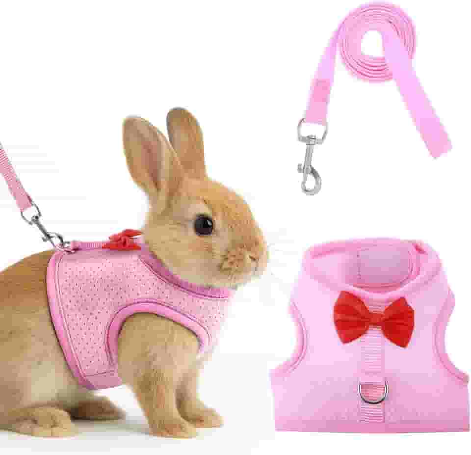 Conjunto de arnês e coleira de coelho com laço fofo, colete de malha macia para coelhos, colete ajustável para coelhos, coleira para coelhos, acessórios de caminhada (rosa)