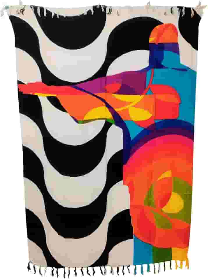 Canga de Praia Artística, Estampa Moderna Geométrica e Colorida, com Franjas, Preto e Branco com Design Abstrato