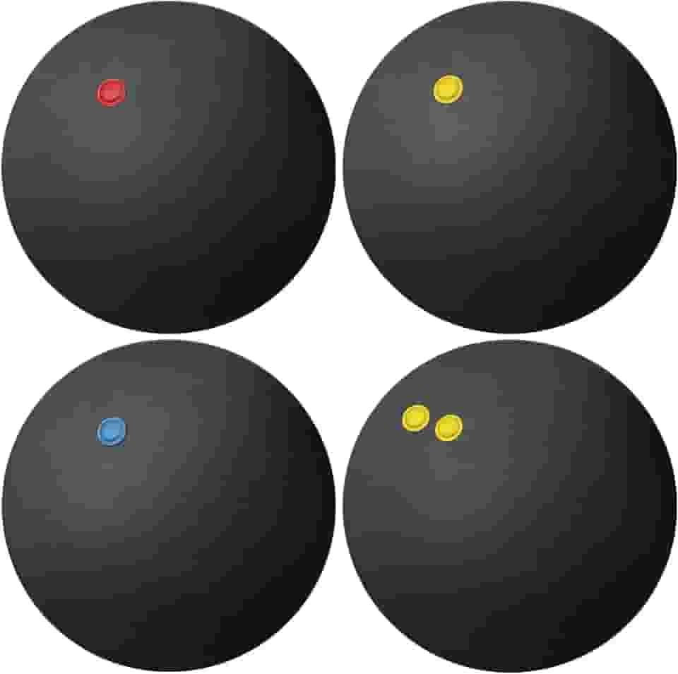 Toddmomy 4 bolas de squash, pontos amarelos duplos, pontos amarelos únicos, vermelho único, azul, bola de squash esportiva para iniciantes e treinamentos