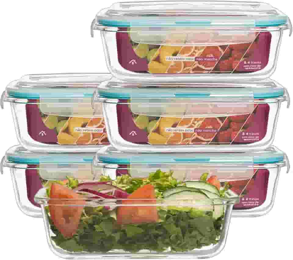 KIT 5 Potes de Vidro Retangular com Tampa Hermética 640ml (Azul)