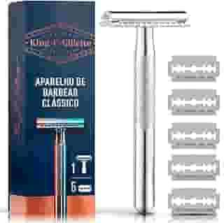 KING C. GILLETTE, Aparelho de Barbear Clássico + 5 Lâminas de barbear com Duplo Fio, aço inoxidável, Barbeador para homens, Cuidado para Barba