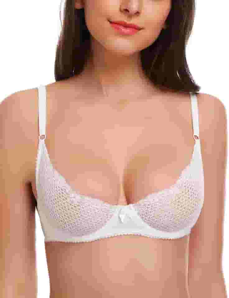 Sutiã feminino sexy de renda 1/2 xícara de malha balconette sutiã com aro sem forro sutiã transparente, Branco, 34B