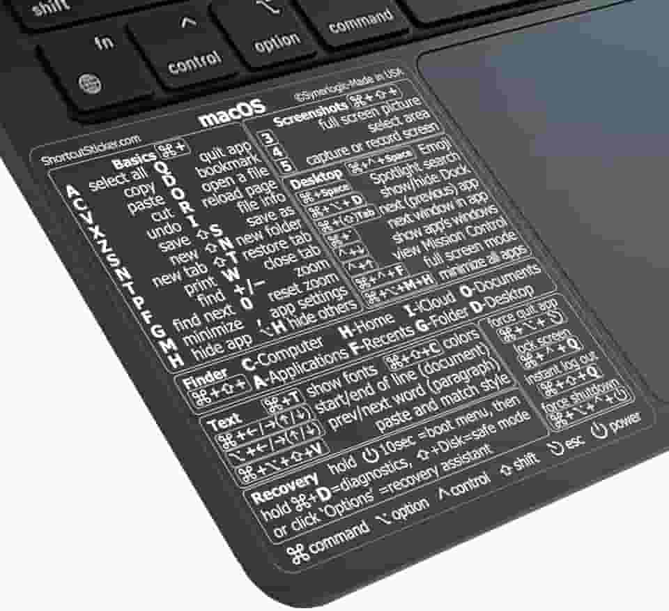 SYNERLOGIC Mac OS (Ventura/Monterey/Big Sur/Catalina/Mojave) Atalhos de teclado, M1/M2/Intel adesivo de vinil transparente sem resíduos para MacBook preto (transparente/branco)