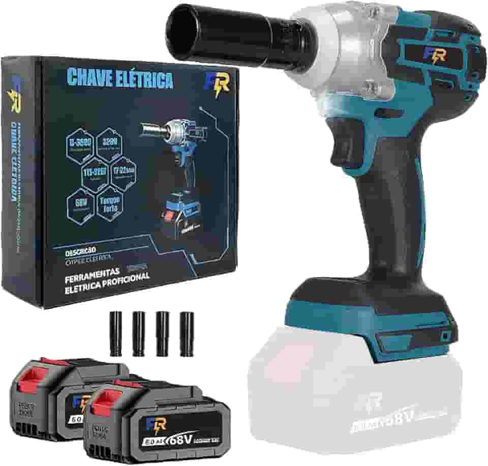 Chave de Impacto Elétrica 68V com 2 Baterias, Sem Fio, Torque 800 N.M., Motor Brushless, Entrada 1/2' e 1/4' para Autos e Construção