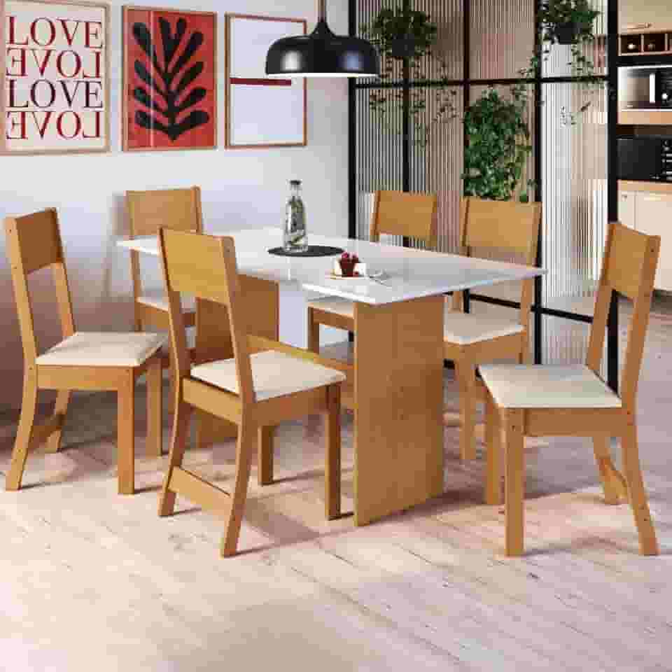 Conjunto Sala de Jantar 1 Mesa 6 Cadeiras Viena Indekes Freijó/Off White/Linho