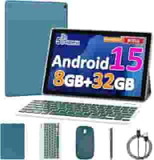 Tablet Android 15 de 10 polegadas, 8 GB de RAM, 32 GB ROM, CPU quad-core potente, tela de resolução de 1280 x 800, câmera de 8 MP, bateria de 6000 mAh, tablets 2 em 1 com teclado, capa, mouse, laptop