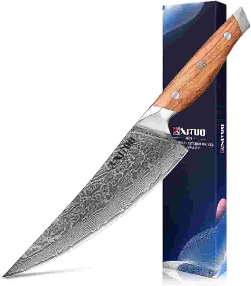 XT XITUO Faca de chef de aço damasco de 20 cm com cabo de madeira de oliveira - faca de cozinha de precisão afiada para chefs profissionais e domésticos (faca de chef)