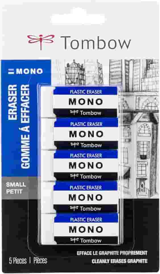 Borracha Tombow MONO 57321, branca, pacote com 5 Remove marcas de forma limpa sem danificar o papel
