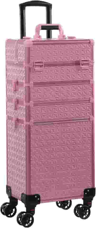 Estojo de trem com rodinhas 4 em 1 portátil para maquiagem organizador de cosméticos profissional estojo de viagem Trolley Cart Trunk, rosa, Central Hardside Mala expansível com rodas giratórias